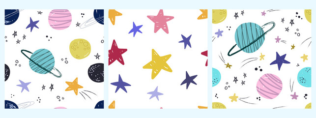 Set of seamless pattern with cute planets and stars. Creative children's texture in Scandinavian style. Great for fabric, textile vector illustration, children's holidays.  Space pattern
