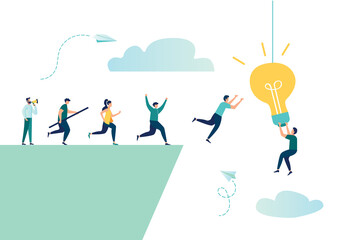 vector illustration, people run over a cliff, trying to get an idea, incentive to win