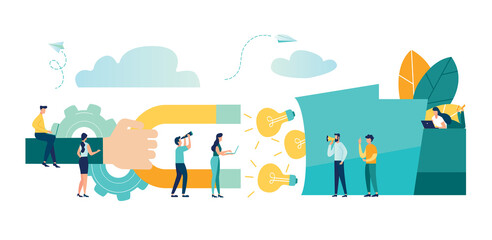 vector illustration, attracting ideas with a magnet from a big head, teamwork, brainstorming