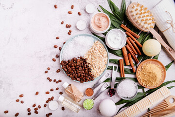 natural cosmetics or spa setting top view flat lay