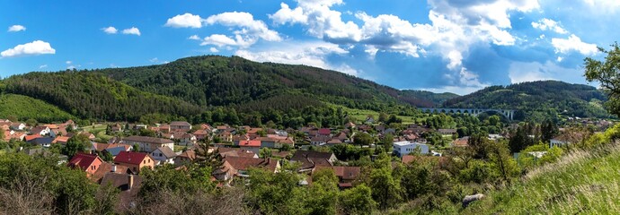 Fototapeta na wymiar The village of Dolni Loucky in the Czech Republic - Europe. Large panorama of a rural landscape. Sunny summer day.