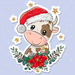 Cartoon Bull in Santa hat with christmas wreath