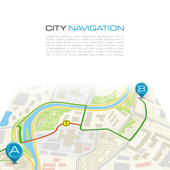 City map navigation route, color point markers design background, drawing schema, simple city plan GPS navigation, itinerary destination arrow paper city map. Route delivery check point graphic