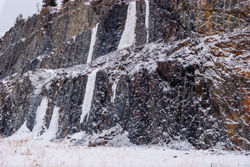 Snow and Ice on High Rock Walls Along The Seward Highway,Anchorage,Alaska,USA