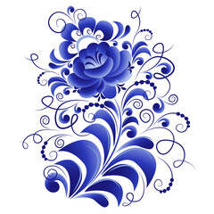 Floral vector element, abstract design, made in the technique of Russian folk art Gzhel