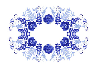 Oval floral vector element, abstract design, made in the technique of Russian folk art Gzhel