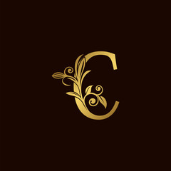 Gold Nature Leaf C Luxury Letter Logo Concept. Elegant floral style with alphabet font vector design template.