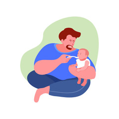 Fathers Day greeting card. Happy father feeding his baby. 
Bright flat style picture for blogs and social media, 
greeting cards, prints, posters. Flat vector illustration