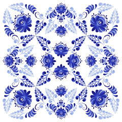A blue floral ornament in a square suitable for the design of a shawl, tiles, tablecloths, plates. Made in the Russian folk style Gzhel