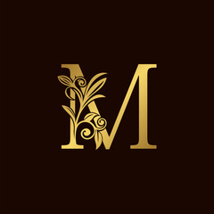Gold Nature Leaf M Luxury Letter Logo Concept. Elegant floral style with alphabet font vector design template.