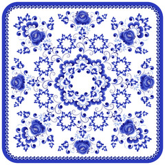 A blue floral ornament in a square suitable for the design of a shawl, tiles, tablecloths, plates. Made in the Russian folk style Gzhel