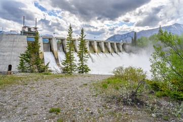 Seebe hydroelectric dam on the Bow River near Exshaw, Alberta, Canada