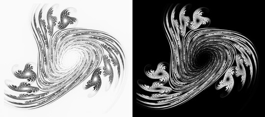 Monochrome set of abstract wreaths on a black and white background. Spirals unwind in three directions and end with small wreaths. 3D rendering. 3D illustration.