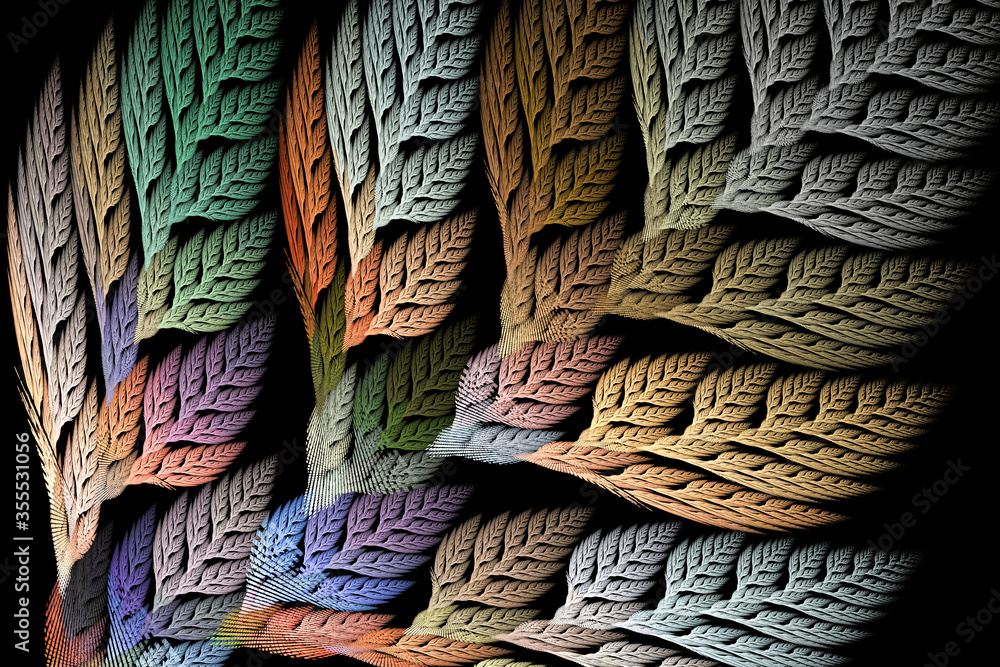 Poster black background filled with abstract colorful plant. stylized leaves seem to be connected from thre