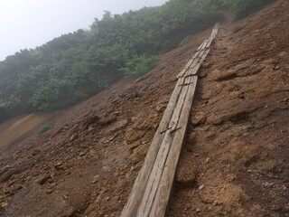 危険な斜面の木道