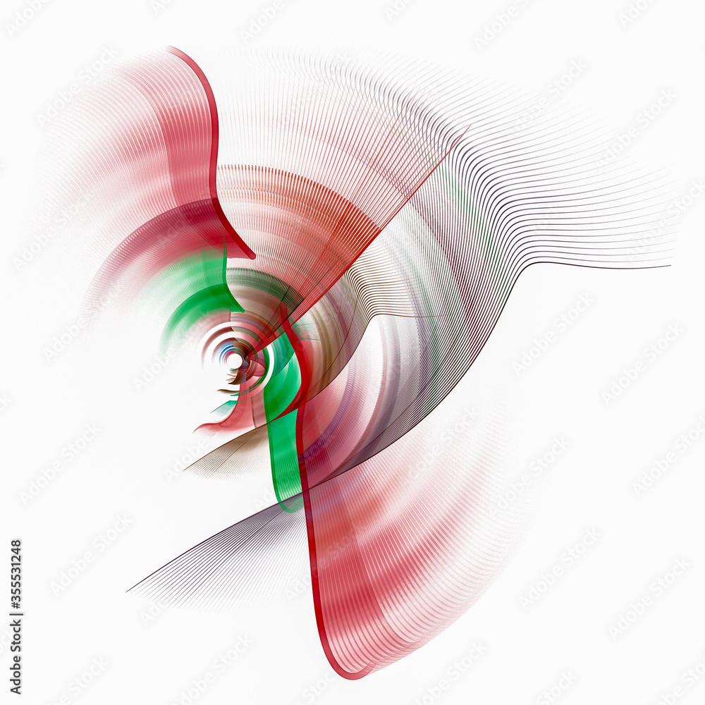 Poster Colorful abstract propeller blades of various shapes rotate around the center. Graphic design element. Technical symbol or logo on a white background. 3D rendering. 3D illustration.
