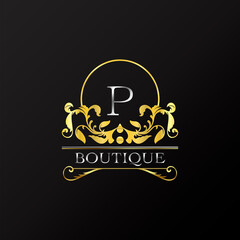 Stylish Graceful Golden Luxury P Logo. Elegance vector template made of wide silver alphabet  on half circle line frame.