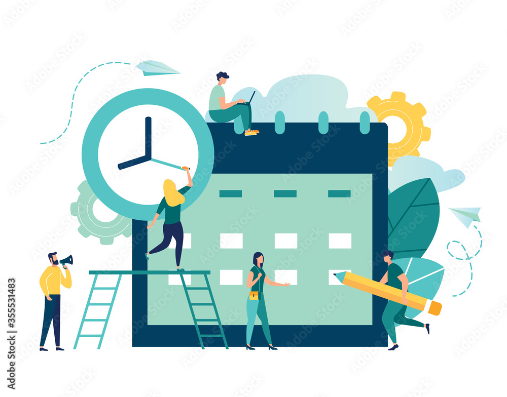 Aufkleber vector illustration. little people characters make an online schedule in the tablet. design business