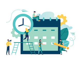 vector illustration. little people characters make an online schedule in the tablet. design business graphics tasks scheduling on a week 