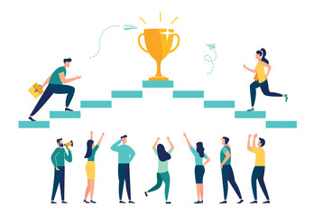Vector illustration, people run to their goal on the column of columns, move up motivation, the path to the target's achievement
