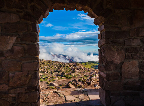 Framed View of Cloud Covered Cedar Breaks National Monument From Inside The  Forest Service Lookout on Brian Head Peak, Utah, USA