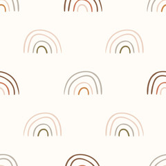 Seamless background rainbow gender neutral baby pattern. Simple whimsical minimal earthy 2 tone color. Kids nursery wallpaper or boho fashion all over print. 
