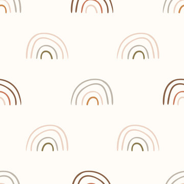 Seamless Background Rainbow Gender Neutral Baby Pattern. Simple Whimsical Minimal Earthy 2 Tone Color. Kids Nursery Wallpaper Or Boho Fashion All Over Print. 