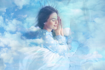 Double exposure of young woman sleeping in bed and blue sky