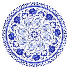 Round plate with a floral pattern of stylized roses is made using the Russian folk art Gzhel technique