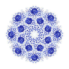 Round plate with a floral pattern of stylized roses is made using the Russian folk art Gzhel technique
