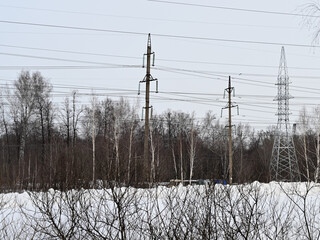 
high voltage overhead power line on the edge of the forest