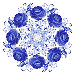 Round plate with a floral pattern of stylized roses is made using the Russian folk art Gzhel technique