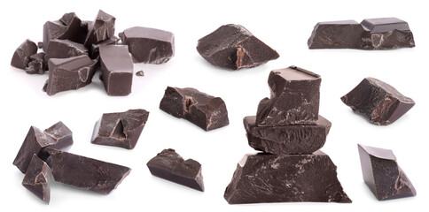 Set with delicious dark chocolate chunks on white background. Banner design