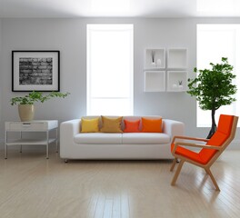 White minimalist room interior with furniture on a wooden floor, frames on a large wall, white landscape in window. Home nordic interior. 3D illustration