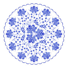 Round plate with a floral pattern of stylized roses is made using the Russian folk art Gzhel technique