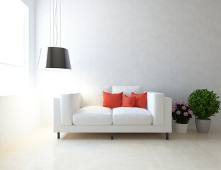 White minimalist room interior with furniture on a wooden floor, frames on a large wall, white landscape in window. Home nordic interior. 3D illustration