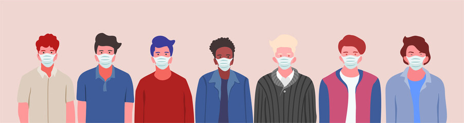 Group of people wearing medical masks to prevent disease, flu, 
air pollution. Coronavirus in China. Vector illustration in a flat style.