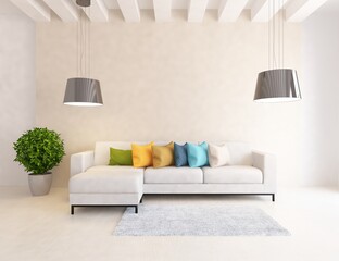 White minimalist room interior with furniture on a wooden floor, frames on a large wall, white landscape in window. Home nordic interior. 3D illustration