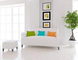 White minimalist room interior with furniture on a wooden floor, frames on a large wall, white landscape in window. Home nordic interior. 3D illustration