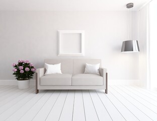 White minimalist room interior with furniture on a wooden floor, frames on a large wall, white landscape in window. Home nordic interior. 3D illustration