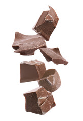 Delicious chocolate chunks falling on white background