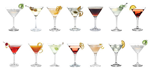 Set with different martini cocktails on white background, banner design