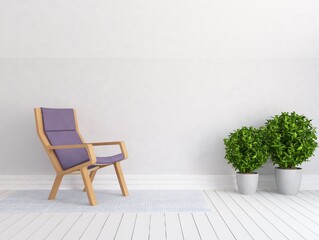 White minimalist room interior with furniture on a wooden floor, frames on a large wall, white landscape in window. Home nordic interior. 3D illustration