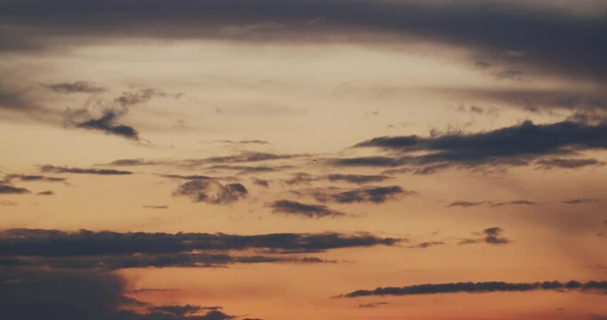  Red orange sunset sky orange video 4k cloud. The birds return. Evening clouds
