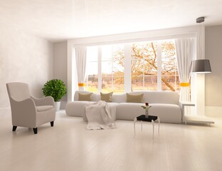 White minimalist room interior with furniture on a wooden floor, frames on a large wall, white landscape in window. Home nordic interior. 3D illustration