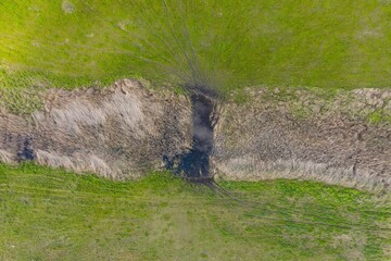 Aerial view of the countryside with river and fields in summer.