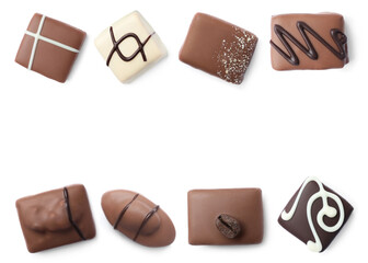 Set with different chocolate candies on white background, top view