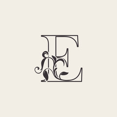Graceful Floral Letter E Luxury Logo Icon . Black and White Outline simple beautiful logo. Vintage drawn alphabet in art nature leaf style.