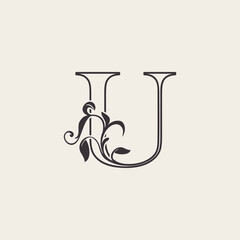 Graceful Floral Letter U Luxury Logo Icon . Black and White Outline simple beautiful logo. Vintage drawn alphabet in art nature leaf style.