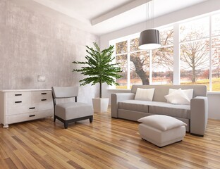 White minimalist room interior with furniture on a wooden floor, frames on a large wall, white landscape in window. Home nordic interior. 3D illustration